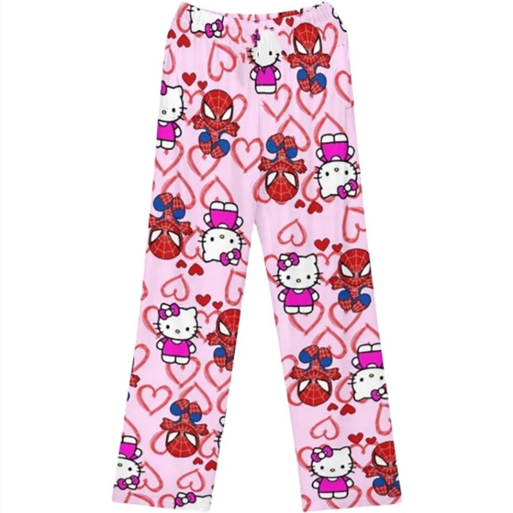 Valentines Hello Kitty X Spiderman Lounge Pants Girls Pajamas L Kawaii Womens